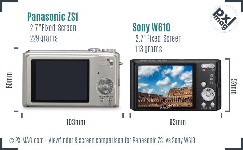 Panasonic ZS1 vs Sony W610 Screen and Viewfinder comparison