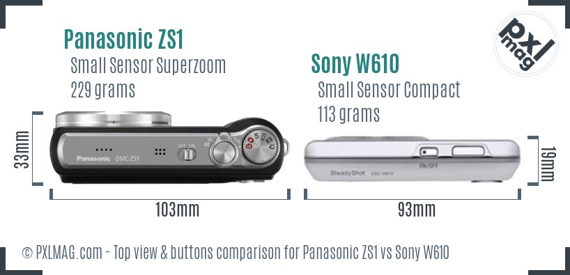 Panasonic ZS1 vs Sony W610 top view buttons comparison