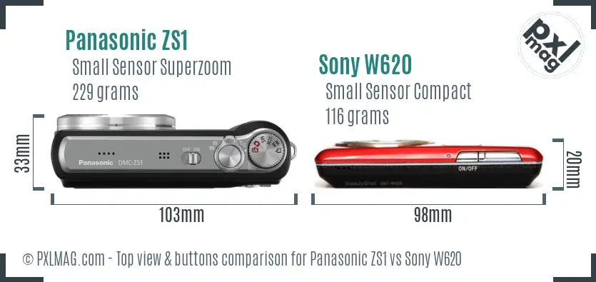 Panasonic ZS1 vs Sony W620 top view buttons comparison