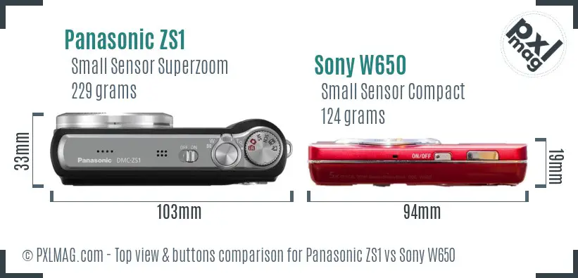 Panasonic ZS1 vs Sony W650 top view buttons comparison