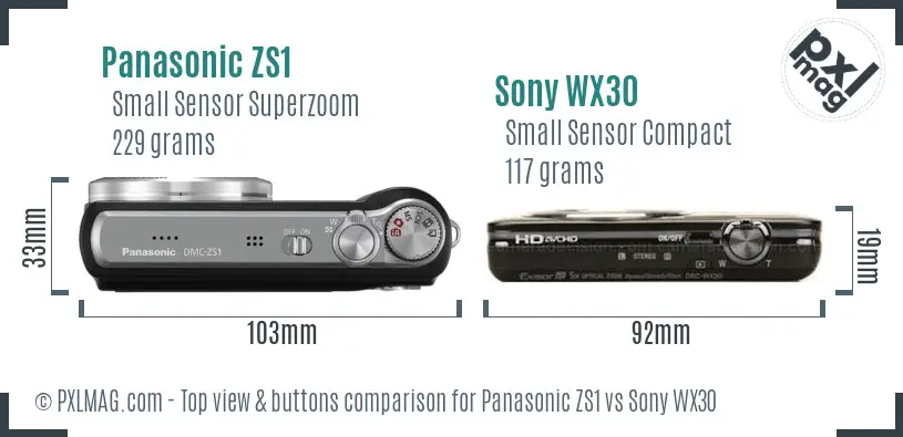 Panasonic ZS1 vs Sony WX30 top view buttons comparison