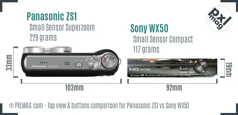 Panasonic ZS1 vs Sony WX50 top view buttons comparison