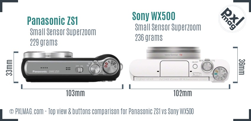 Panasonic ZS1 vs Sony WX500 top view buttons comparison