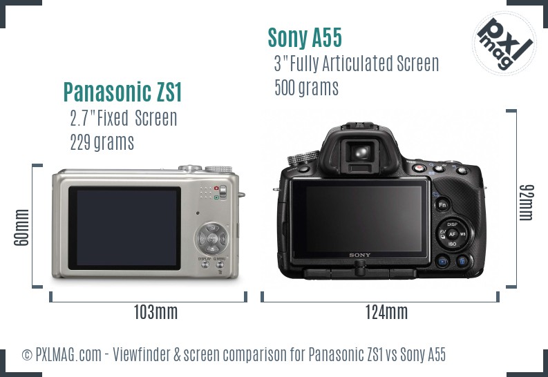 Panasonic ZS1 vs Sony A55 Screen and Viewfinder comparison