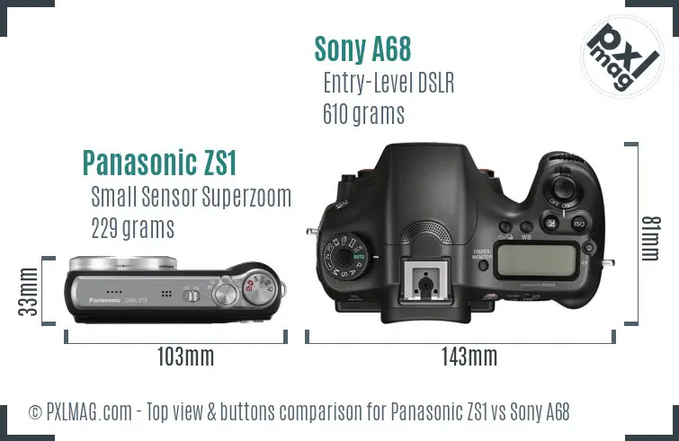Panasonic ZS1 vs Sony A68 top view buttons comparison Panasonic ZS1 vs Sony A68 top view buttons comparison