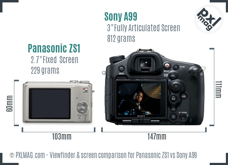 Panasonic ZS1 vs Sony A99 Screen and Viewfinder comparison