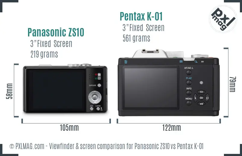 Panasonic ZS10 vs Pentax K-01 Screen and Viewfinder comparison