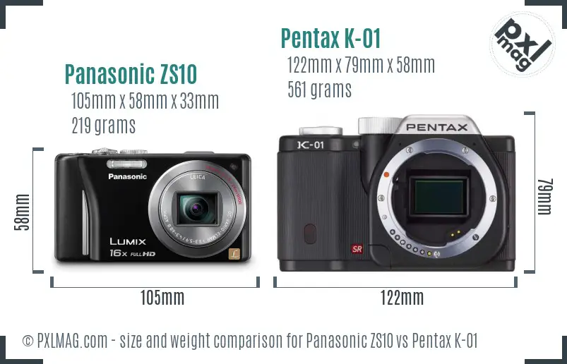 Panasonic ZS10 vs Pentax K-01 size comparison
