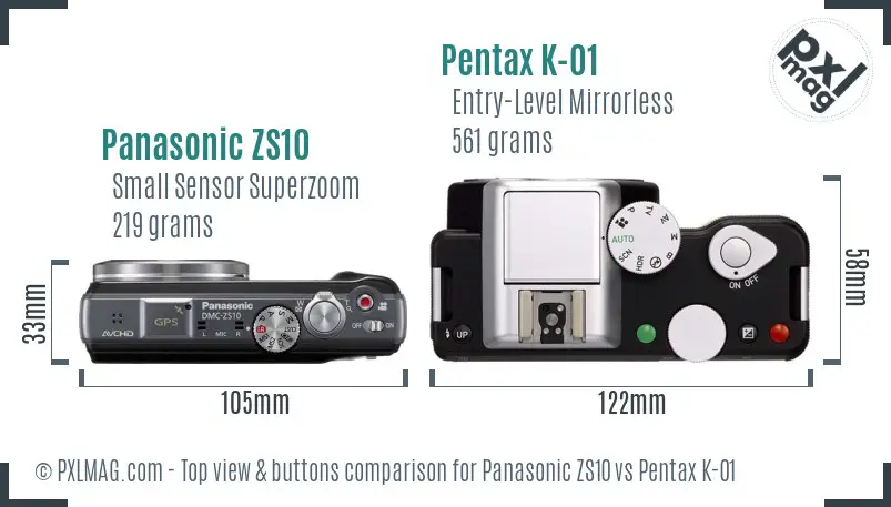 Panasonic ZS10 vs Pentax K-01 top view buttons comparison