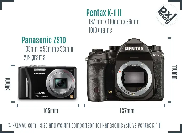 Panasonic ZS10 vs Pentax K-1 II size comparison