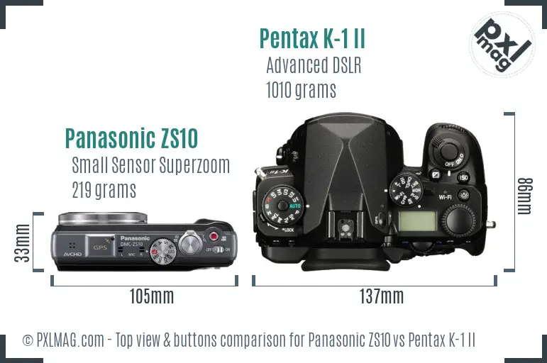 Panasonic ZS10 vs Pentax K-1 II top view buttons comparison
