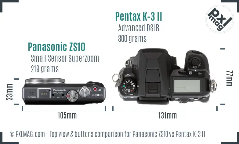 Panasonic ZS10 vs Pentax K-3 II top view buttons comparison