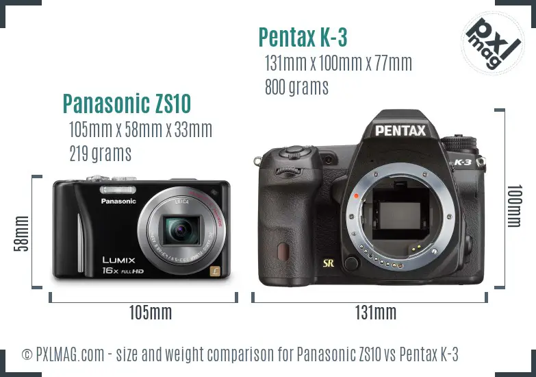 Panasonic ZS10 vs Pentax K-3 size comparison