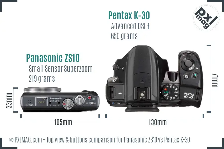 Panasonic ZS10 vs Pentax K-30 top view buttons comparison