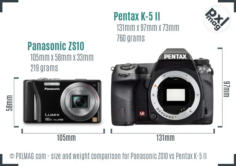 Panasonic ZS10 vs Pentax K-5 II size comparison