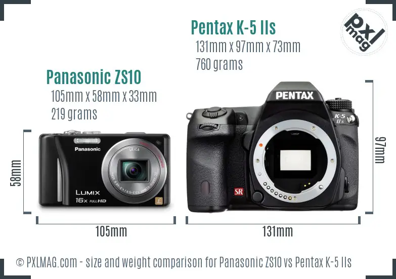 Panasonic ZS10 vs Pentax K-5 IIs size comparison