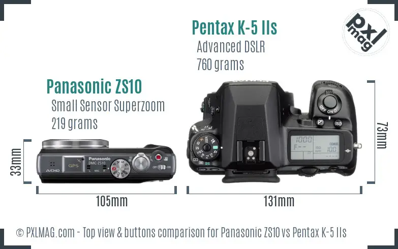 Panasonic ZS10 vs Pentax K-5 IIs top view buttons comparison