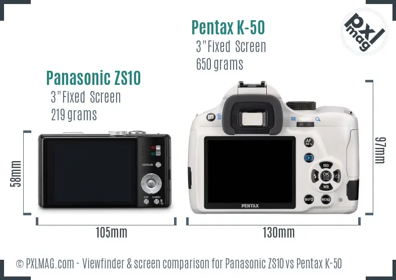 Panasonic ZS10 vs Pentax K-50 Screen and Viewfinder comparison