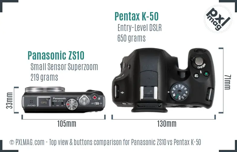 Panasonic ZS10 vs Pentax K-50 top view buttons comparison