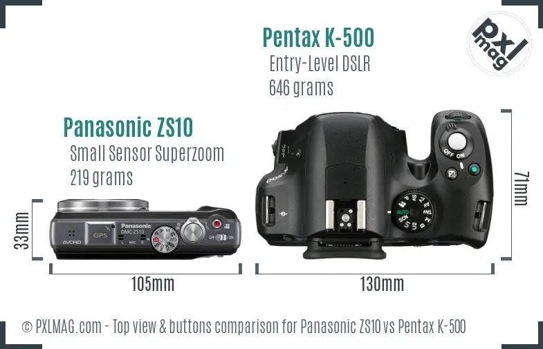 Panasonic ZS10 vs Pentax K-500 top view buttons comparison