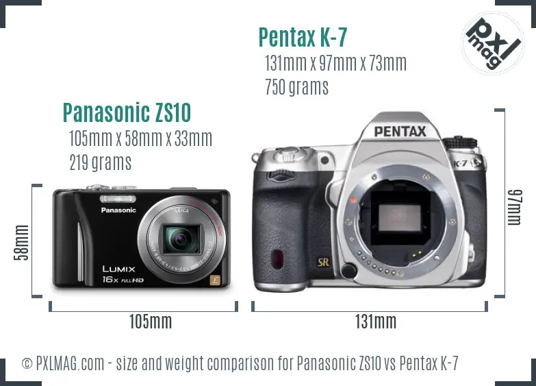 Panasonic ZS10 vs Pentax K-7 size comparison
