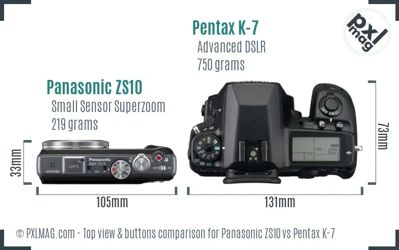 Panasonic ZS10 vs Pentax K-7 top view buttons comparison