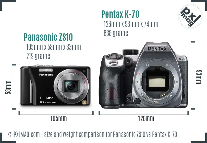 Panasonic ZS10 vs Pentax K-70 size comparison