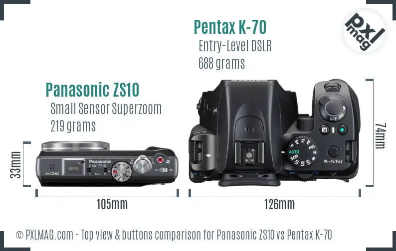 Panasonic ZS10 vs Pentax K-70 top view buttons comparison