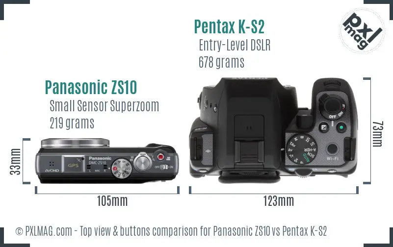 Panasonic ZS10 vs Pentax K-S2 top view buttons comparison