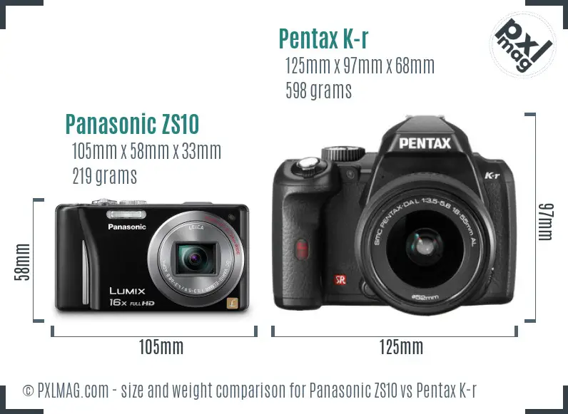Panasonic ZS10 vs Pentax K-r size comparison