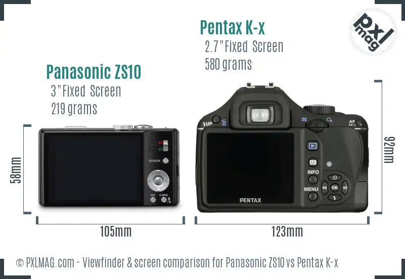 Panasonic ZS10 vs Pentax K-x Screen and Viewfinder comparison