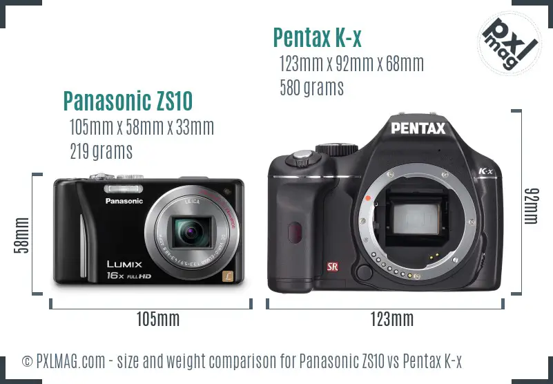 Panasonic ZS10 vs Pentax K-x size comparison