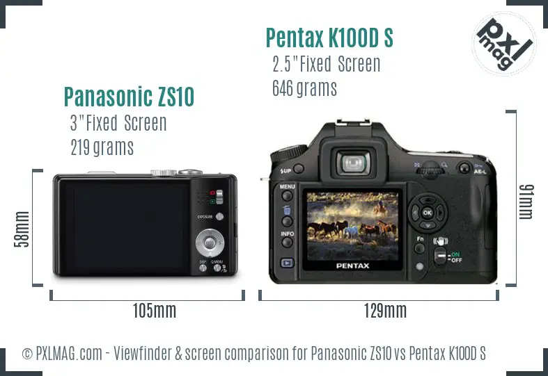 Panasonic ZS10 vs Pentax K100D S Screen and Viewfinder comparison