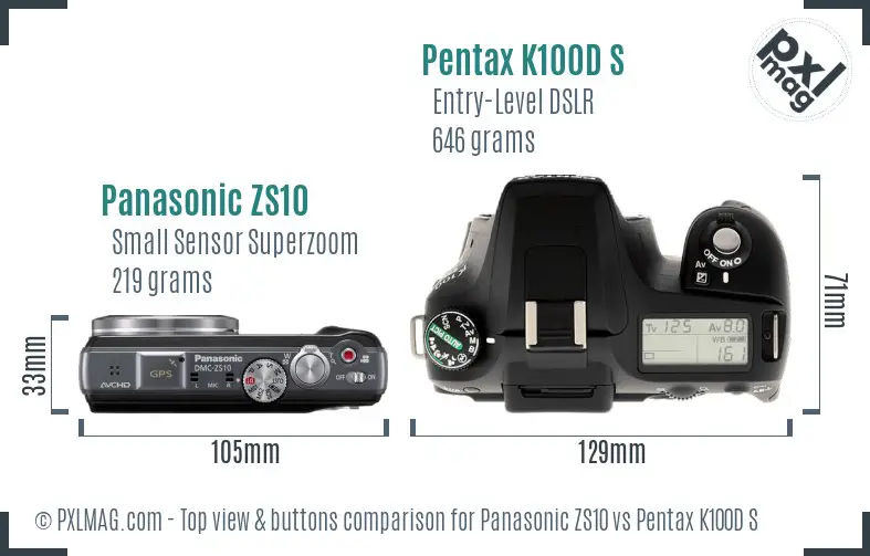 Panasonic ZS10 vs Pentax K100D S top view buttons comparison