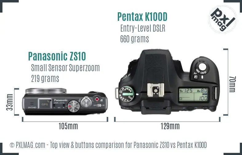 Panasonic ZS10 vs Pentax K100D top view buttons comparison