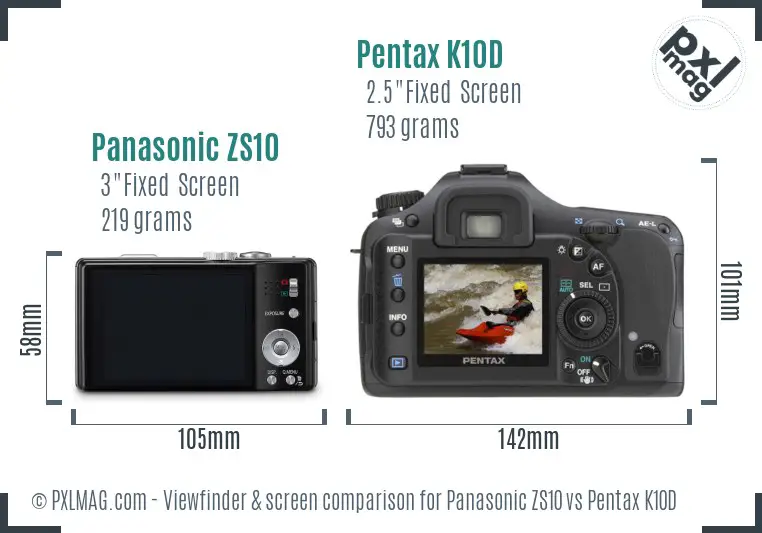 Panasonic ZS10 vs Pentax K10D Screen and Viewfinder comparison