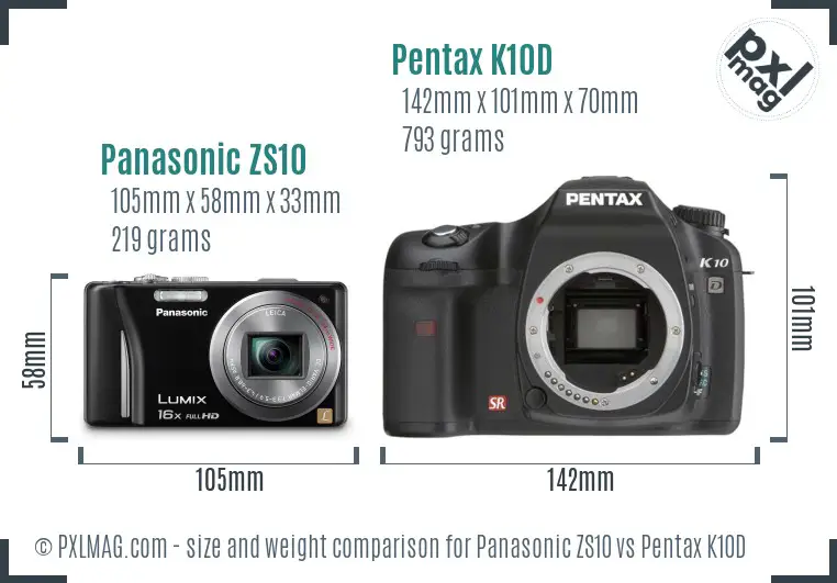 Panasonic ZS10 vs Pentax K10D size comparison