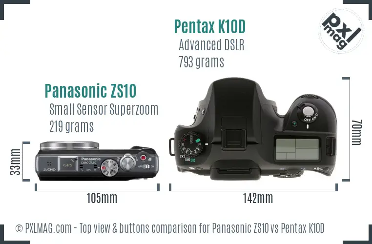 Panasonic ZS10 vs Pentax K10D top view buttons comparison