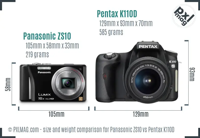Panasonic ZS10 vs Pentax K110D size comparison
