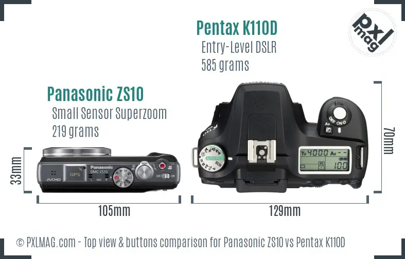 Panasonic ZS10 vs Pentax K110D top view buttons comparison