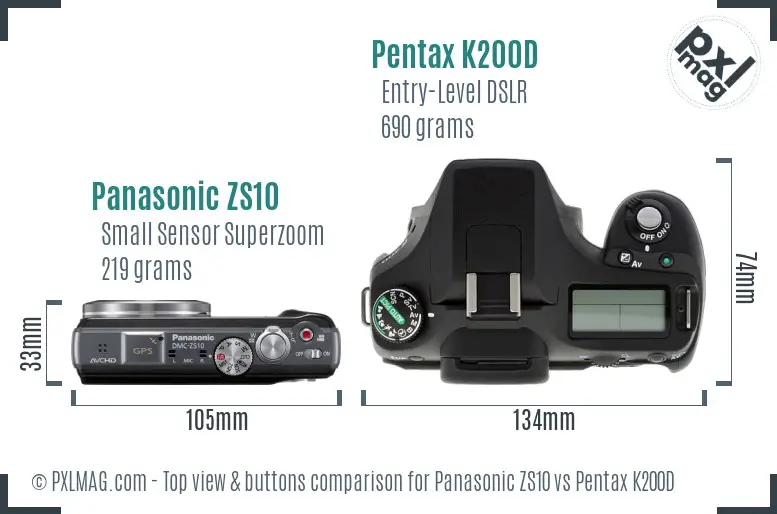 Panasonic ZS10 vs Pentax K200D top view buttons comparison