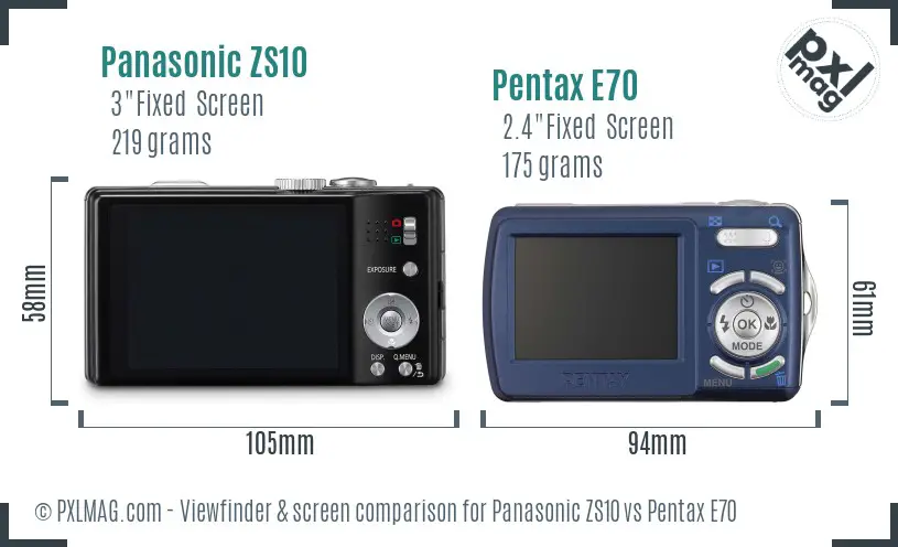 Panasonic ZS10 vs Pentax E70 Screen and Viewfinder comparison