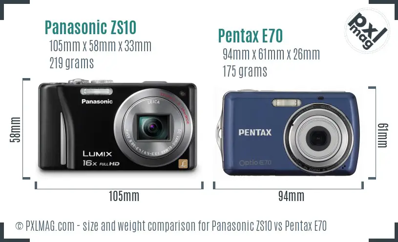 Panasonic ZS10 vs Pentax E70 size comparison