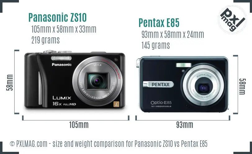 Panasonic ZS10 vs Pentax E85 size comparison