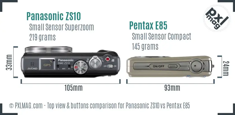 Panasonic ZS10 vs Pentax E85 top view buttons comparison