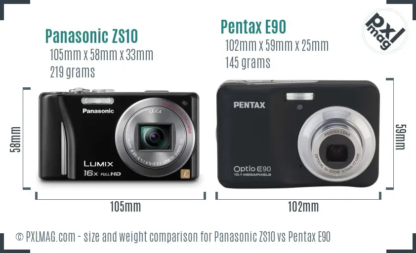 Panasonic ZS10 vs Pentax E90 size comparison