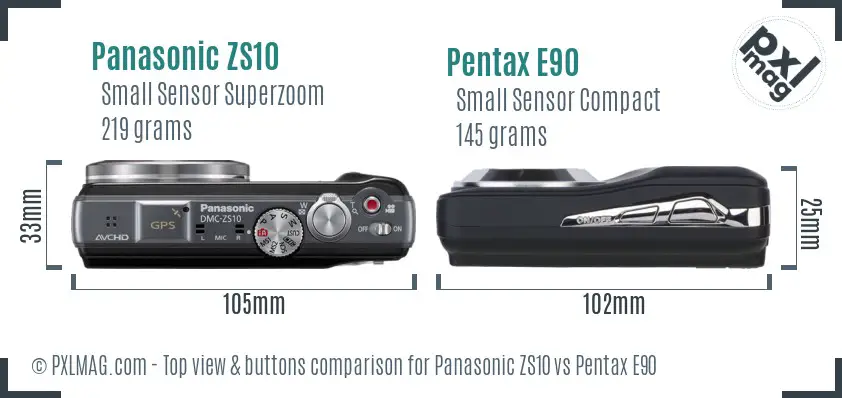 Panasonic ZS10 vs Pentax E90 top view buttons comparison