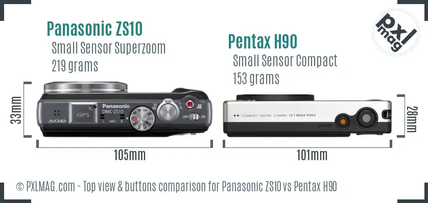Panasonic ZS10 vs Pentax H90 top view buttons comparison