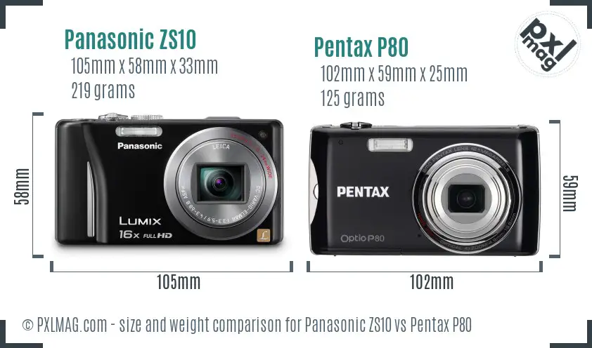 Panasonic ZS10 vs Pentax P80 size comparison