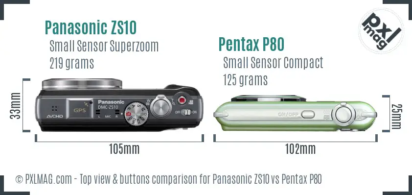 Panasonic ZS10 vs Pentax P80 top view buttons comparison